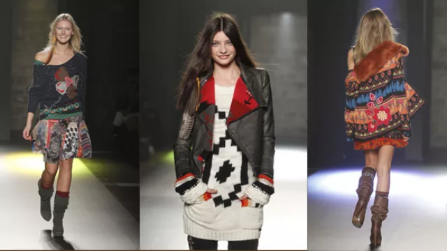 Vestidos y faldas de punto, en telar, estampados incaicos, chaparreras cortas de cuero y piel.