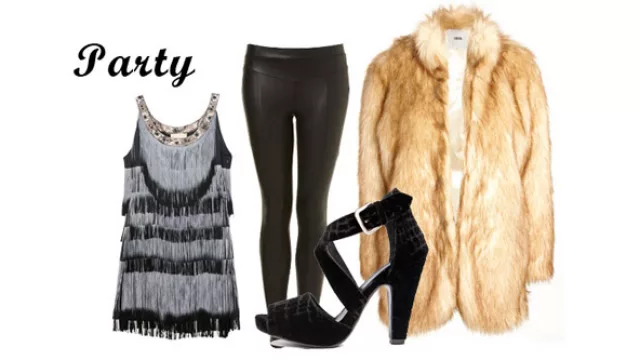 Top musculosa con flecos, calzas negras y tapado de piel sintética.