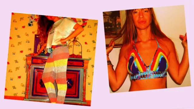 calavera no llora, propuestas de prendas tejidas a mano, multicolores, un calza y un corset en triángulo con faldón en crochet.