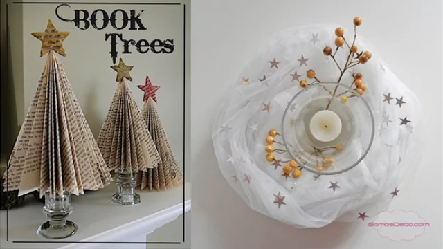Árbol de escritorio con páginas de libro, revista o diario y un centro de mesa para la cena de festejo.